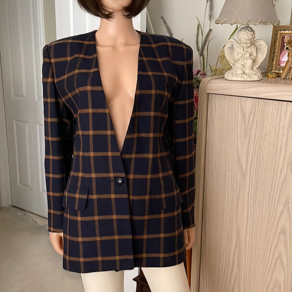 Vintage Anne Klein II Plaid Wool n Cashmere Blazer - Picture 2 of 10